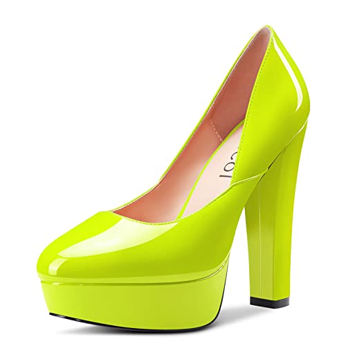 Aachcol Damen Plateau Plattform Chunky Blockabsatz Hoher High Absatz Heel Pumps Runde Zehenkappe Slip-on Dress Schuhe Party Hochzeit Lackleder Grün B 13 cm 45 EU von Aachcol