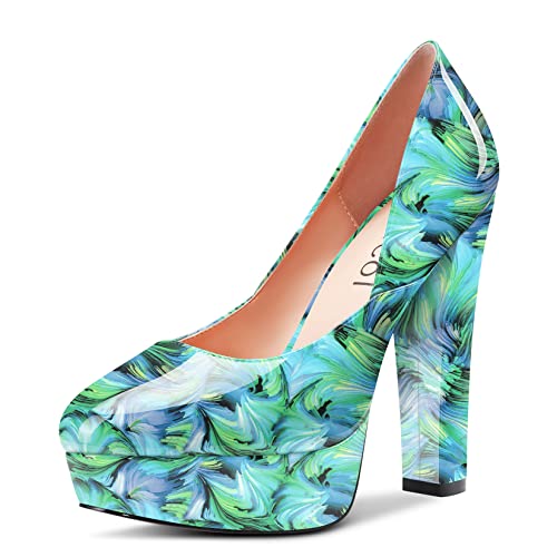 Aachcol Damen Plateau Plattform Chunky Blockabsatz Hoher High Absatz Heel Pumps Runde Zehenkappe Slip-on Dress Schuhe Party Hochzeit Lackleder Grün Mehrfarbig b 13 cm 36 EU von Aachcol