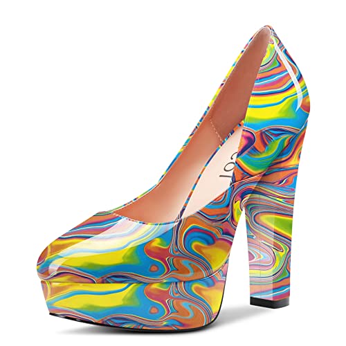 Aachcol Damen Plateau Plattform Chunky Blockabsatz Hoher High Absatz Heel Pumps Runde Zehenkappe Slip-on Dress Schuhe Party Hochzeit Lackleder Regenbogen Mehrfarbig 13 cm 43 EU von Aachcol