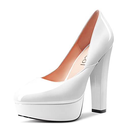 Aachcol Damen Plateau Plattform Chunky Blockabsatz Hoher High Absatz Heel Pumps Runde Zehenkappe Slip-on Dress Schuhe Party Hochzeit Lackleder Weiß 13 cm 42 EU von Aachcol