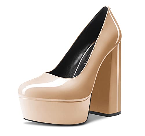 Aachcol Damen Plateau Plattform Chunky Blockabsatz Hoher High Absatz Heel Pumps Slip-on Runde Geschlossene Zehenkappe Dress Schuhe Büroschuhe Party Hochzeit Lackleder Beige 14 cm 37 EU von Aachcol