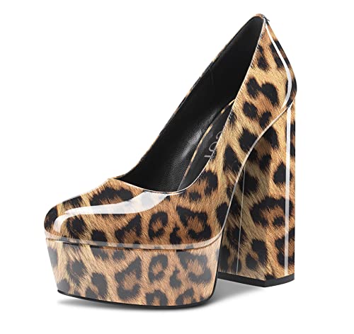 Aachcol Damen Plateau Plattform Chunky Blockabsatz Hoher High Absatz Heel Pumps Slip-on Runde Geschlossene Zehenkappe Dress Schuhe Büroschuhe Party Hochzeit Lackleder Braun Leopard 14 cm 38 EU von Aachcol