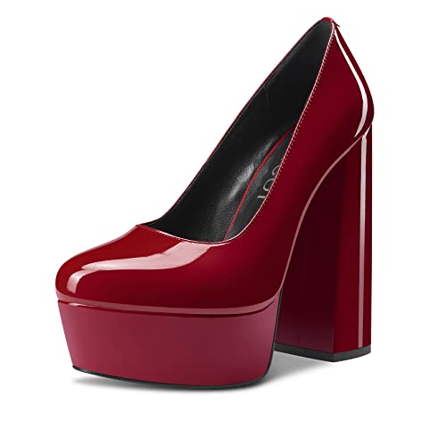 Aachcol Damen Plateau Plattform Chunky Blockabsatz Hoher High Absatz Heel Pumps Slip-on Runde Geschlossene Zehenkappe Dress Schuhe Büroschuhe Party Hochzeit Lackleder Burgundisch Rot 14 cm 40 EU von Aachcol