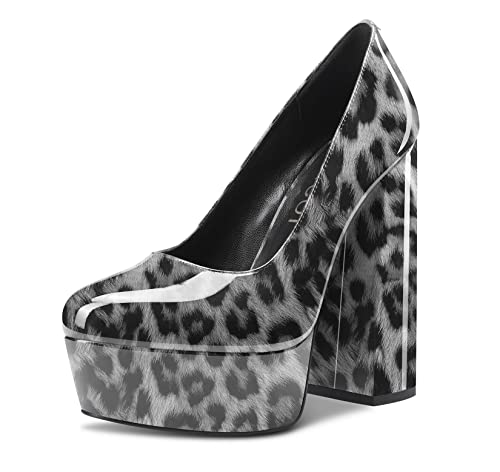 Aachcol Damen Plateau Plattform Chunky Blockabsatz Hoher High Absatz Heel Pumps Slip-on Runde Geschlossene Zehenkappe Dress Schuhe Büroschuhe Party Hochzeit Lackleder Grau Leopard 14 cm 38 EU von Aachcol