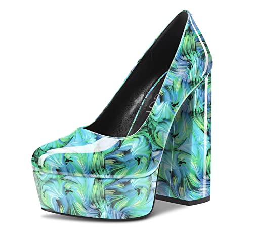 Aachcol Damen Plateau Plattform Chunky Blockabsatz Hoher High Absatz Heel Pumps Slip-on Runde Geschlossene Zehenkappe Dress Schuhe Büroschuhe Party Hochzeit Lackleder Grün Mehrfarbig b 14 cm 38 EU von Aachcol
