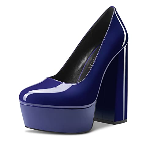 Aachcol Damen Plateau Plattform Chunky Blockabsatz Hoher High Absatz Heel Pumps Slip-on Runde Geschlossene Zehenkappe Dress Schuhe Büroschuhe Party Hochzeit Lackleder Marineblau 14 cm 37 EU von Aachcol