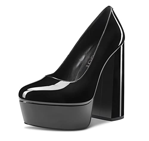 Aachcol Damen Plateau Plattform Chunky Blockabsatz Hoher High Absatz Heel Pumps Slip-on Runde Geschlossene Zehenkappe Dress Schuhe Büroschuhe Party Hochzeit Lackleder Schwarz 14 cm 37 EU von Aachcol