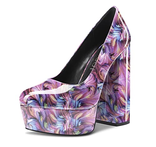Aachcol Damen Plateau Plattform Chunky Blockabsatz Hoher High Absatz Heel Pumps Slip-on Runde Geschlossene Zehenkappe Dress Schuhe Büroschuhe Party Hochzeit Lackleder Violett Mehrfarbig 14 cm 38 EU von Aachcol