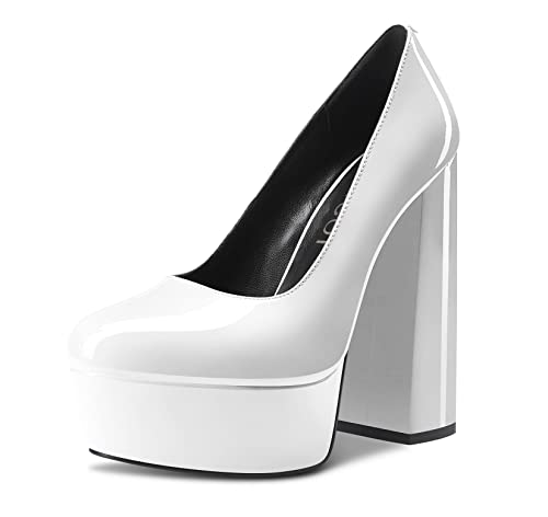 Aachcol Damen Plateau Plattform Chunky Blockabsatz Hoher High Absatz Heel Pumps Slip-on Runde Geschlossene Zehenkappe Dress Schuhe Büroschuhe Party Hochzeit Lackleder Weiß 14 cm 36 EU von Aachcol
