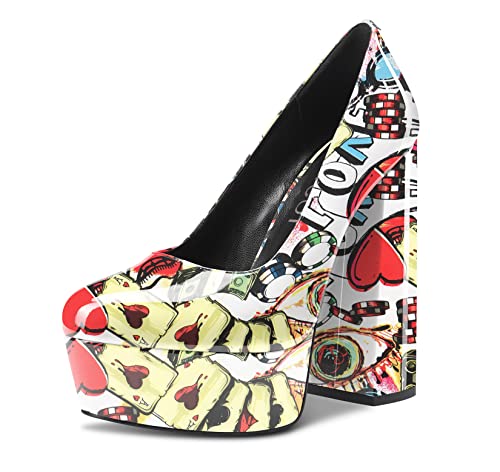 Aachcol Damen Plateau Plattform Chunky Blockabsatz Hoher High Absatz Heel Pumps Slip-on Runde Geschlossene Zehenkappe Dress Schuhe Büroschuhe Party Hochzeit Lackleder Weiß Mehrfarbig 14 cm 37 EU von Aachcol
