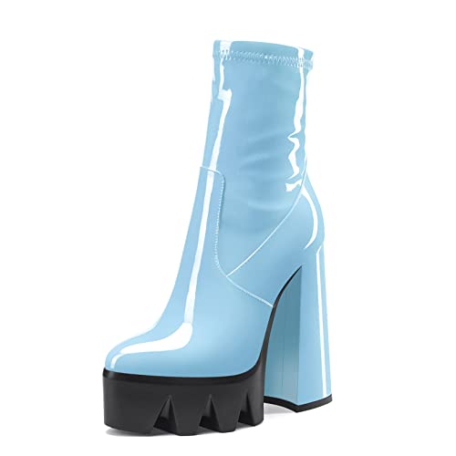 Aachcol Damen Plateau Plattform Chunky Blockabsatz Hoher High Absatz Heel Stiefeletten Reißverschluss Runde Geschlossene Zehenkappe Lackleder Himmelblau 14 CM 42 EU von Aachcol