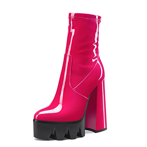 Aachcol Damen Plateau Plattform Chunky Blockabsatz Hoher High Absatz Heel Stiefeletten Reißverschluss Runde Geschlossene Zehenkappe Lackleder Magenta Rot C 14 CM 39 EU von Aachcol