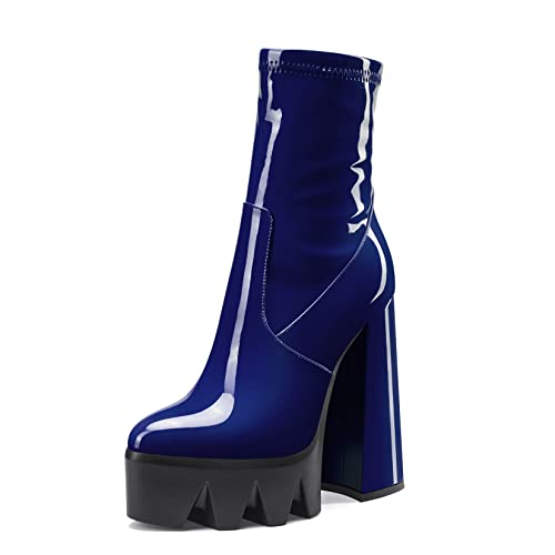 Aachcol Damen Plateau Plattform Chunky Blockabsatz Hoher High Absatz Heel Stiefeletten Reißverschluss Runde Geschlossene Zehenkappe Lackleder Marineblau 14 CM 41 EU von Aachcol