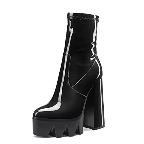 Aachcol Damen Plateau Plattform Chunky Blockabsatz Hoher High Absatz Heel Stiefeletten Reißverschluss Runde Geschlossene Zehenkappe Lackleder Schwarz 14 CM 39 EU von Aachcol