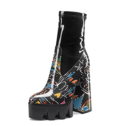 Aachcol Damen Plateau Plattform Chunky Blockabsatz Hoher High Absatz Heel Stiefeletten Reißverschluss Runde Geschlossene Zehenkappe Lackleder Schwarz Mehrfarbig 14 CM 38 EU von Aachcol