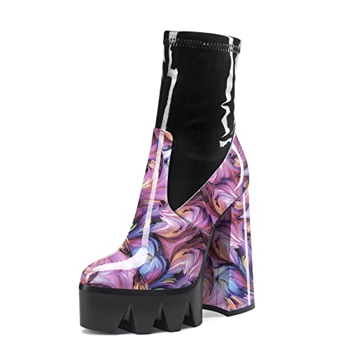 Aachcol Damen Plateau Plattform Chunky Blockabsatz Hoher High Absatz Heel Stiefeletten Reißverschluss Runde Geschlossene Zehenkappe Lackleder Violett Mehrfarbig 14 CM 36 EU von Aachcol