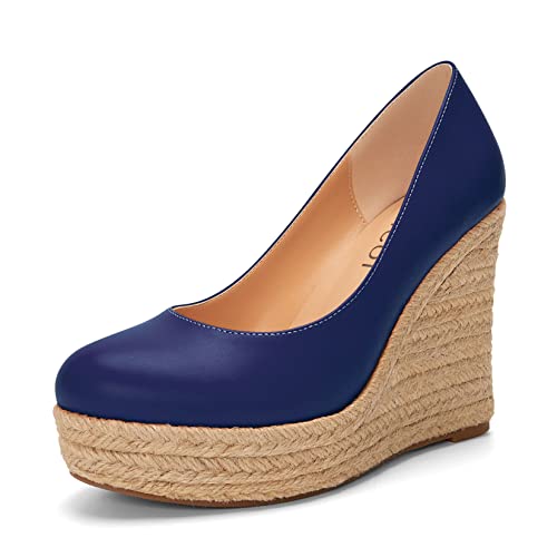 Aachcol Damen Plateau Plattform Keilabsatz Chunky Blockabsatz Hoher High Absatz Heel Pumps Slip-on Runde Geschlossene Zehenkappe Dress Schuhe Party Matt Blau d 10 cm 42 EU von Aachcol