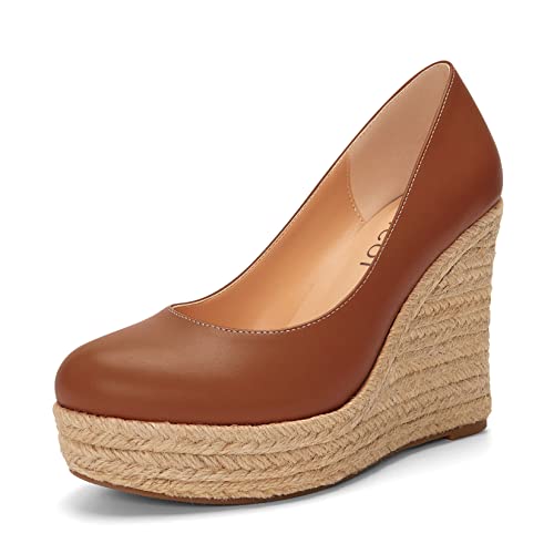 Aachcol Damen Plateau Plattform Keilabsatz Chunky Blockabsatz Hoher High Absatz Heel Pumps Slip-on Runde Geschlossene Zehenkappe Dress Schuhe Party Matt Braun 10 cm 44 EU von Aachcol