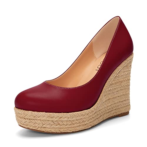 Aachcol Damen Plateau Plattform Keilabsatz Chunky Blockabsatz Hoher High Absatz Heel Pumps Slip-on Runde Geschlossene Zehenkappe Dress Schuhe Party Matt Burgundisch Rot 10 cm 45 EU von Aachcol