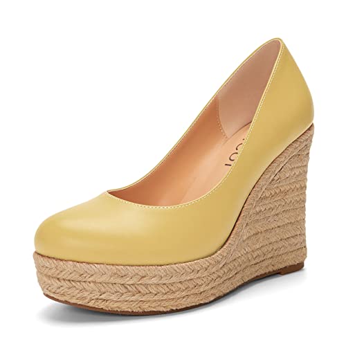 Aachcol Damen Plateau Plattform Keilabsatz Chunky Blockabsatz Hoher High Absatz Heel Pumps Slip-on Runde Geschlossene Zehenkappe Dress Schuhe Party Matt Gold 10 cm 36 EU von Aachcol