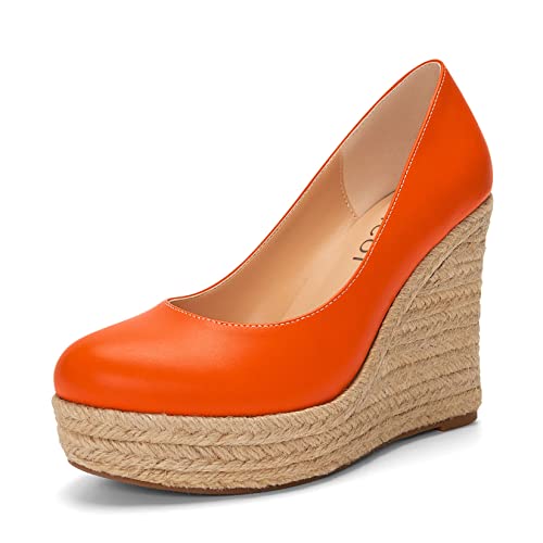 Aachcol Damen Plateau Plattform Keilabsatz Chunky Blockabsatz Hoher High Absatz Heel Pumps Slip-on Runde Geschlossene Zehenkappe Dress Schuhe Party Matt Orange 10 cm 41 EU von Aachcol