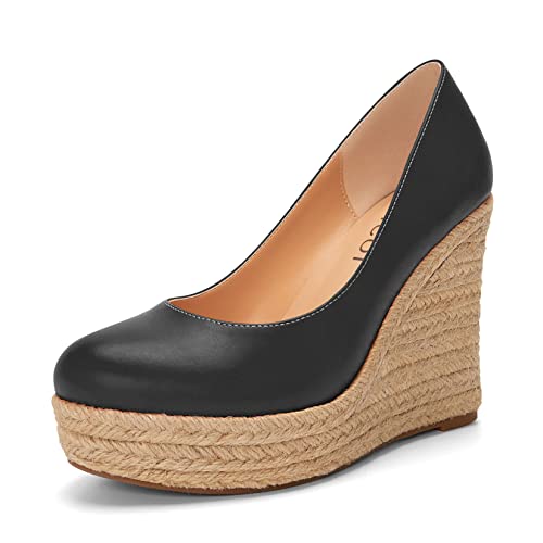 Aachcol Damen Plateau Plattform Keilabsatz Chunky Blockabsatz Hoher High Absatz Heel Pumps Slip-on Runde Geschlossene Zehenkappe Dress Schuhe Party Matt Schwarz 10 cm 45 EU von Aachcol