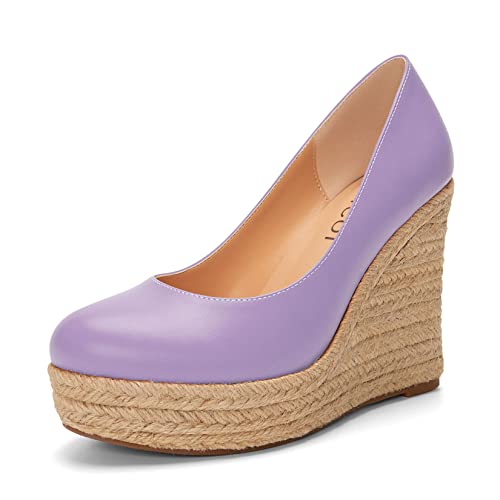 Aachcol Damen Plateau Plattform Keilabsatz Chunky Blockabsatz Hoher High Absatz Heel Pumps Slip-on Runde Geschlossene Zehenkappe Dress Schuhe Party Matt Violett b 10 cm 39 EU von Aachcol