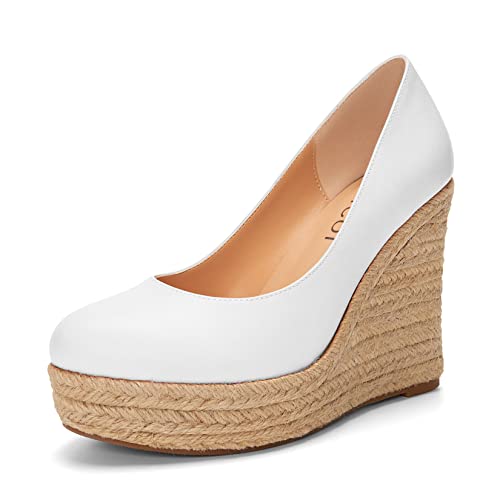 Aachcol Damen Plateau Plattform Keilabsatz Chunky Blockabsatz Hoher High Absatz Heel Pumps Slip-on Runde Geschlossene Zehenkappe Dress Schuhe Party Matt Weiß 10 cm 36 EU von Aachcol