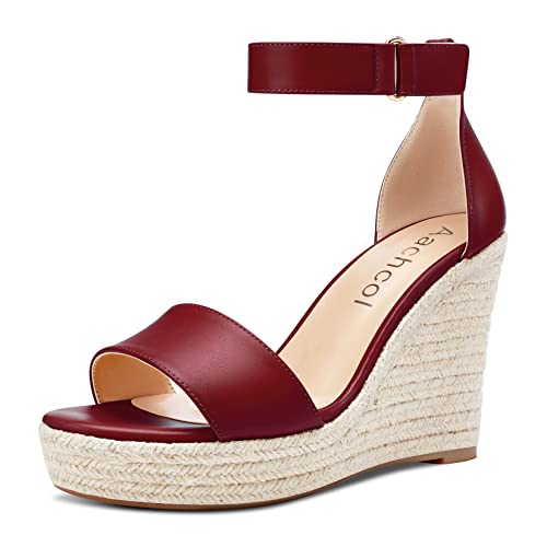 Aachcol Damen Plateau Plattform Keilabsatz Hoher High Absatz Heel Sandalen Knöchelriemen Runde Peep Open Zehenkappe Dress Schuhe Party Matt Burgundisch Rot 10 CM 37 EU von Aachcol