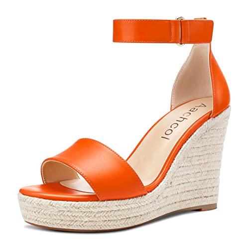Aachcol Damen Plateau Plattform Keilabsatz Hoher High Absatz Heel Sandalen Knöchelriemen Runde Peep Open Zehenkappe Dress Schuhe Party Matt Orange 10 CM 40 EU von Aachcol