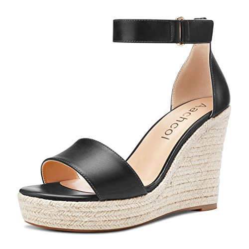 Aachcol Damen Plateau Plattform Keilabsatz Hoher High Absatz Heel Sandalen Knöchelriemen Runde Peep Open Zehenkappe Dress Schuhe Party Matt Schwarz 10 CM 39 EU von Aachcol