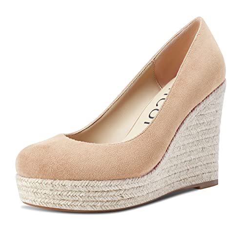 Aachcol Damen Plateau Plattform Keilabsatz Pumps Geschlossene Runde Zehenkappe Hoher High Absatz Heel Sandalen Slip-on Dress Schuhe Klassisch Hochzeit Party 10 cm Beige Wildleder 41 EU von Aachcol