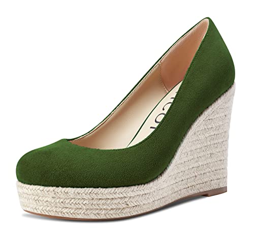 Aachcol Damen Plateau Plattform Keilabsatz Pumps Geschlossene Runde Zehenkappe Hoher High Absatz Heel Sandalen Slip-on Dress Schuhe Klassisch Hochzeit Party 10 cm Grün Wildleder 39 EU von Aachcol