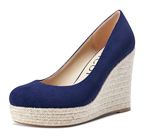 Aachcol Damen Plateau Plattform Keilabsatz Pumps Geschlossene Runde Zehenkappe Hoher High Absatz Heel Sandalen Slip-on Dress Schuhe Klassisch Hochzeit Party 10 cm Navy Blau Wildleder 39 EU von Aachcol
