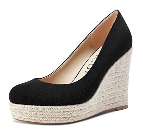 Aachcol Damen Plateau Plattform Keilabsatz Pumps Geschlossene Runde Zehenkappe Hoher High Absatz Heel Sandalen Slip-on Dress Schuhe Klassisch Hochzeit Party 10 cm Schwarz Wildleder 39 EU von Aachcol