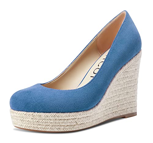 Aachcol Damen Plateau Plattform Keilabsatz Pumps Hoher High Absatz Heel Geschlossene Runde Zehenkappe Slip-on Dress Schuhe Hochzeit Party 10 cm Blau Wildleder 37 EU von Aachcol