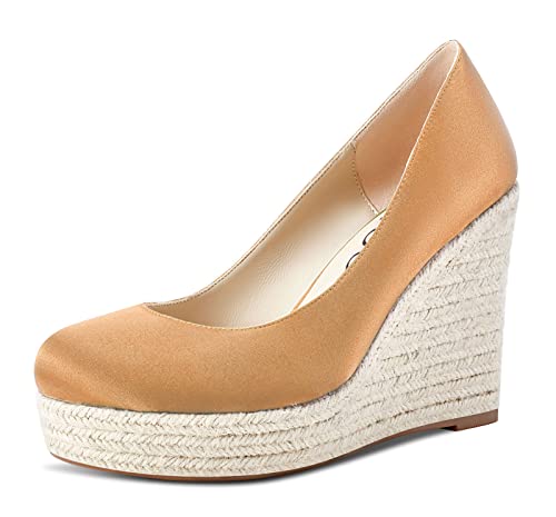 Aachcol Damen Plateau Plattform Keilabsatz Pumps Hoher High Absatz Heel Geschlossene Runde Zehenkappe Slip-on Dress Schuhe Hochzeit Party 10 cm Gold Satin 45 EU von Aachcol