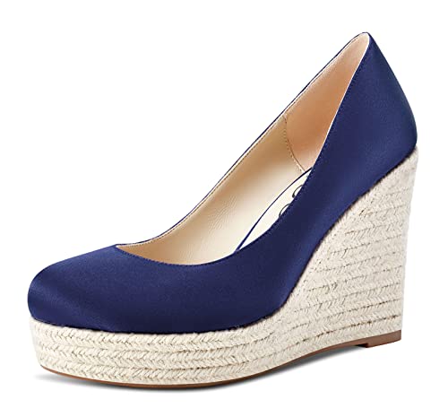 Aachcol Damen Plateau Plattform Keilabsatz Pumps Hoher High Absatz Heel Geschlossene Runde Zehenkappe Slip-on Dress Schuhe Hochzeit Party 10 cm Navy Blau Satin 37 EU von Aachcol