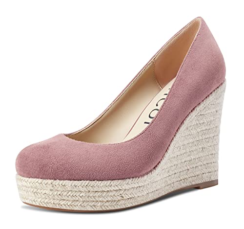 Aachcol Damen Plateau Plattform Keilabsatz Pumps Hoher High Absatz Heel Geschlossene Runde Zehenkappe Slip-on Dress Schuhe Hochzeit Party 10 cm Rosa Wildleder 40 EU von Aachcol