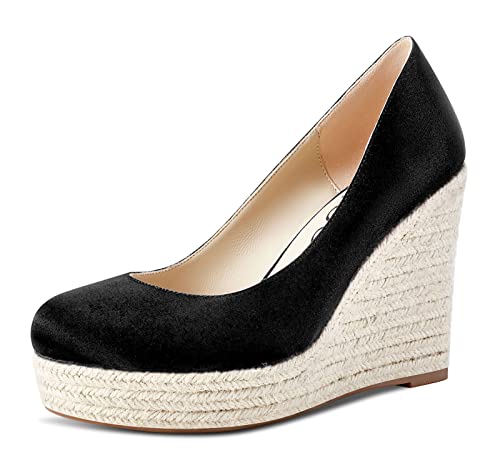 Aachcol Damen Plateau Plattform Keilabsatz Pumps Hoher High Absatz Heel Geschlossene Runde Zehenkappe Slip-on Dress Schuhe Hochzeit Party 10 cm Schwarz Satin 44 EU von Aachcol