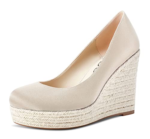 Aachcol Damen Plateau Plattform Keilabsatz Pumps Hoher High Absatz Heel Geschlossene Runde Zehenkappe Slip-on Dress Schuhe Hochzeit Party 10 cm Weiß Satin 41 EU von Aachcol