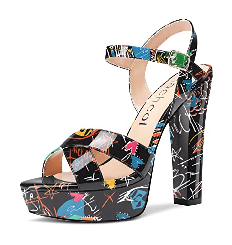 Aachcol Damen Plateau Plattform Knöchelriemen Sandalen Peep Open Zehenkappe Chunky Blockabsatz Hoher High Absatz Heel Slingback Hochzeit Party Schuhe 13 CM Mehrfarbig E2 Lackleder 40 EU von Aachcol