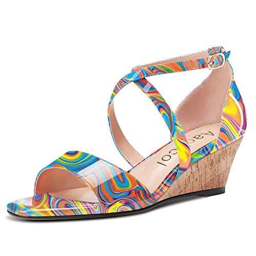 Aachcol Damen Plateau Plattform Sandalen Clear Peep Open Zehenkappe Knöchelriemen Keilabsatz Mittlerem Niedrige Absatz Heel Dress Schuhe Büroschuhe Hochzeit Lackleder Regenbogen Mehrfarbig 5 CM 39 EU von Aachcol