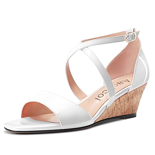 Aachcol Damen Plateau Plattform Sandalen Clear Peep Open Zehenkappe Knöchelriemen Keilabsatz Mittlerem Niedrige Absatz Heel Dress Schuhe Büroschuhe Hochzeit Lackleder Weiß 5 CM 45 EU von Aachcol