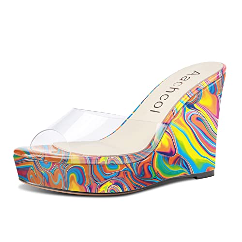 Aachcol Damen Plateau Plattform Sandalen Clear Peep Open Zehenkappe Slip-on Keilabsatz Hoher High Absatz Heel Dress Schuhe Büroschuhe Party Hochzeit Lackleder Regenbogen Mehrfarbig 10 CM 35 EU von Aachcol