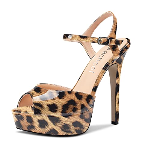 Aachcol Damen Plateau Plattform Sandalen Knöchelriemen Peep Open Zehenkappe Stiletto Hoher High Absatz Heel Slingback Dress Schuhe 13 cm Braun Leopard 38 EU von Aachcol