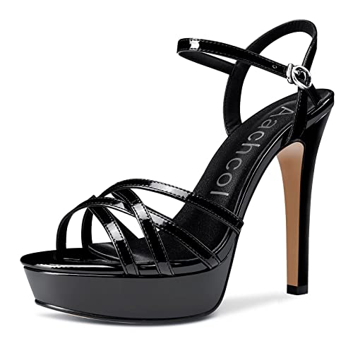 Aachcol Damen Plateau Plattform Sandalen Stiletto Hoher High Absatz Heel Peep Open Zehenkappe Knöchelriemen Slingback Clear Dress Schuhe Schwarz Wildleder 38 EU von Aachcol