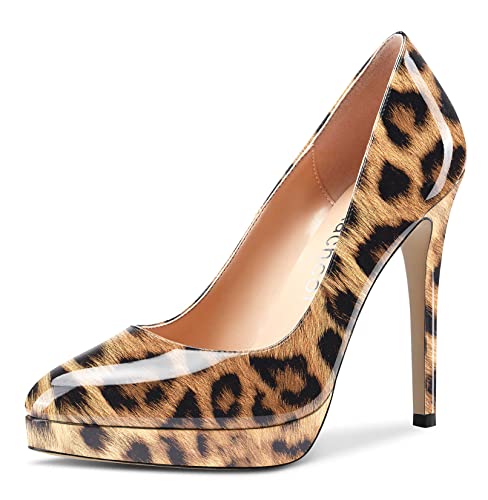 Aachcol Damen Plateau Plattform Stiletto Hoher High Absatz Heel Pumps Geschlossene Spitze Zehenkappe Slip-on Schuhe Hochzeit Büroschuhe Party Dress Klassisch 12 cm Braun Leopard 38 EU von Aachcol