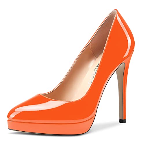 Aachcol Damen Plateau Plattform Stiletto Hoher High Absatz Heel Pumps Geschlossene Spitze Zehenkappe Slip-on Schuhe Hochzeit Büroschuhe Party Dress Klassisch 12 cm Orange Lackleder 40 EU von Aachcol