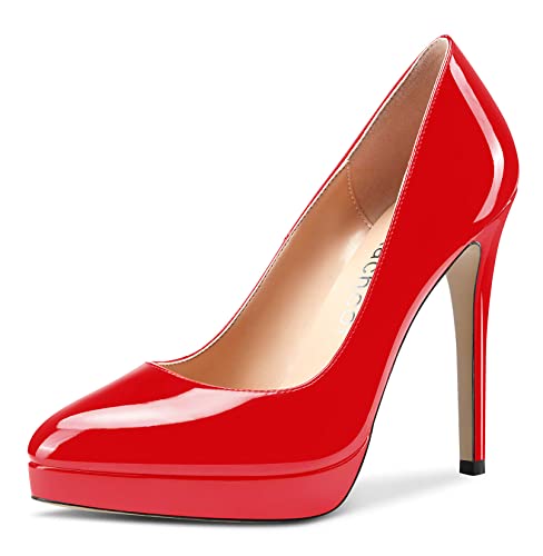 Aachcol Damen Plateau Plattform Stiletto Hoher High Absatz Heel Pumps Geschlossene Spitze Zehenkappe Slip-on Schuhe Hochzeit Büroschuhe Party Dress Klassisch 12 cm Rot Lackleder 37 EU von Aachcol